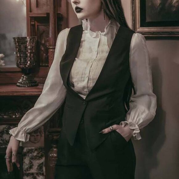 Lively Ghosts Jigsaw vest - size 4x - black plus size goth vest - Picture 1 of 5